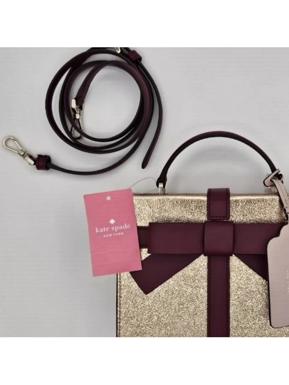 kate spade Wrapping Party Metallic Gold Mini Box Bag with Burgundy Bow NWT - Picture 5 of 14